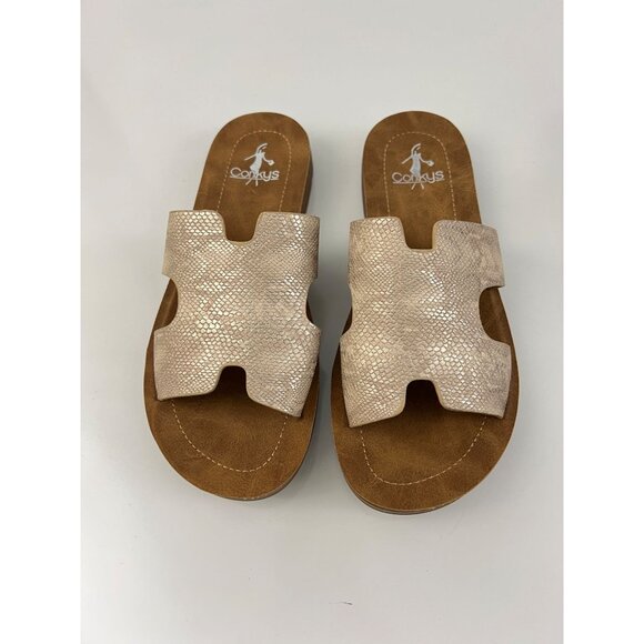 Corkys Sandals Women's 6 Bogalusa Slide Tan Faux Leather Open Toe Slip On Wedge - Picture 2 of 9